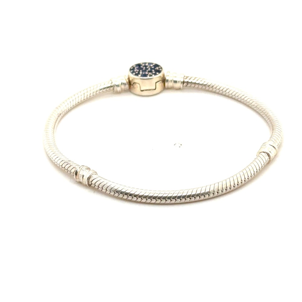 Pandora Moments Sterling Silver Snake Chain Bracelet Blue Pavé Clasp 6.75in - Picture 3 of 5